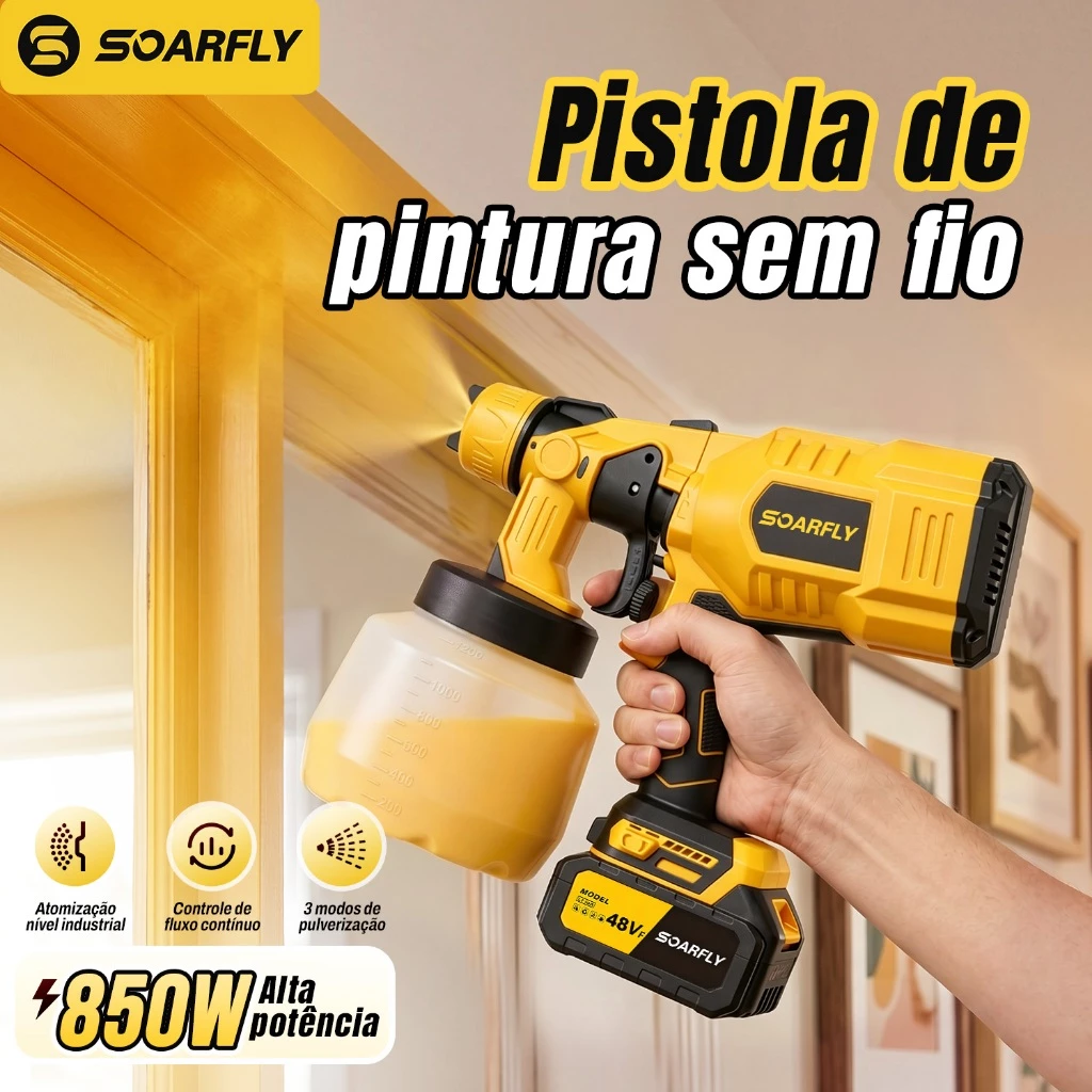 Pistola Pulverizador de Tinta Portátil 850W + 2 Baterias 48V